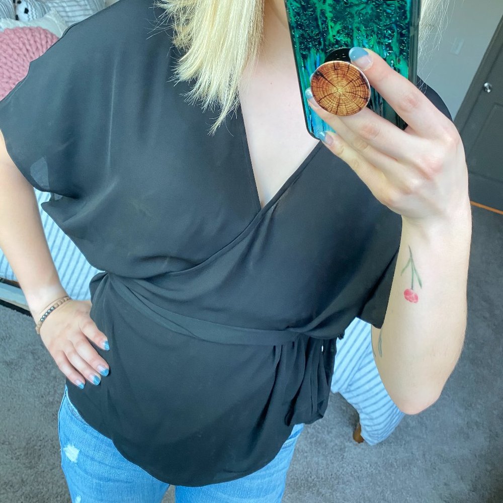 Black wrap short sleeve blouse